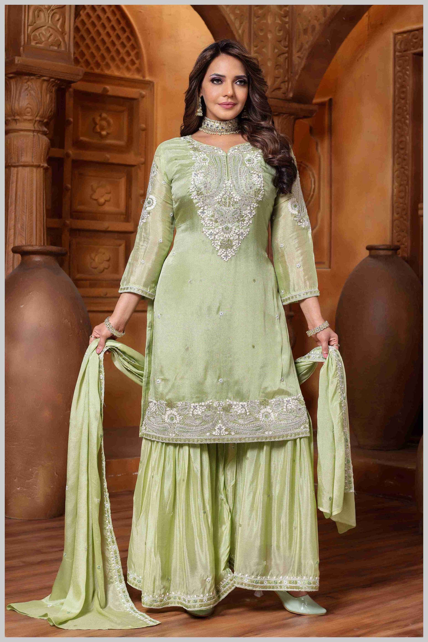 SeaGreen Plazo Set with Pearl & Sequin Embroidery