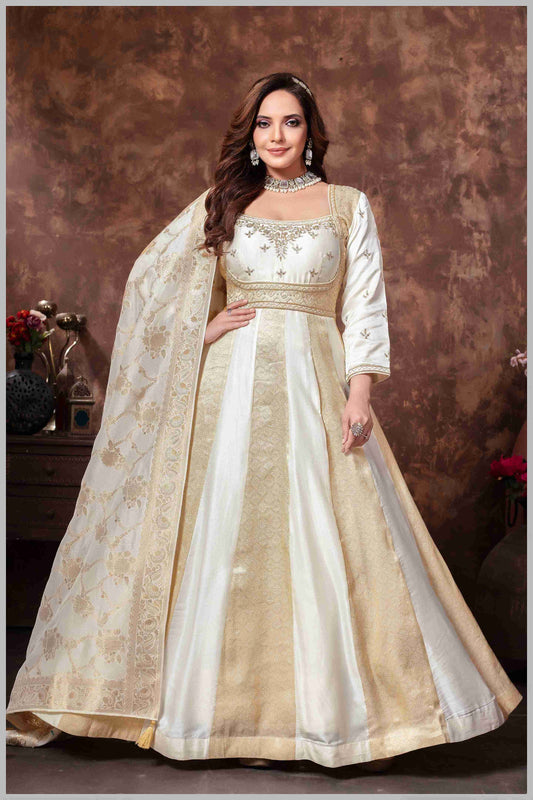 Off White & Beige Striped Gown with Embroidered Dupatta