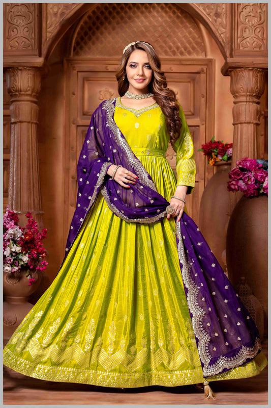 Lime Green Anarkali with Contrasting Purple Dupatta
