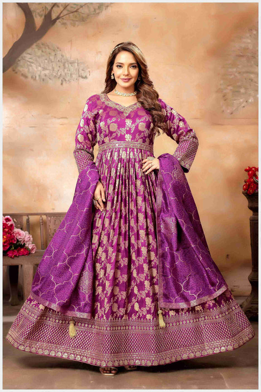 Magenta Banarasi-Style Anarkali with Elegant Dupatta