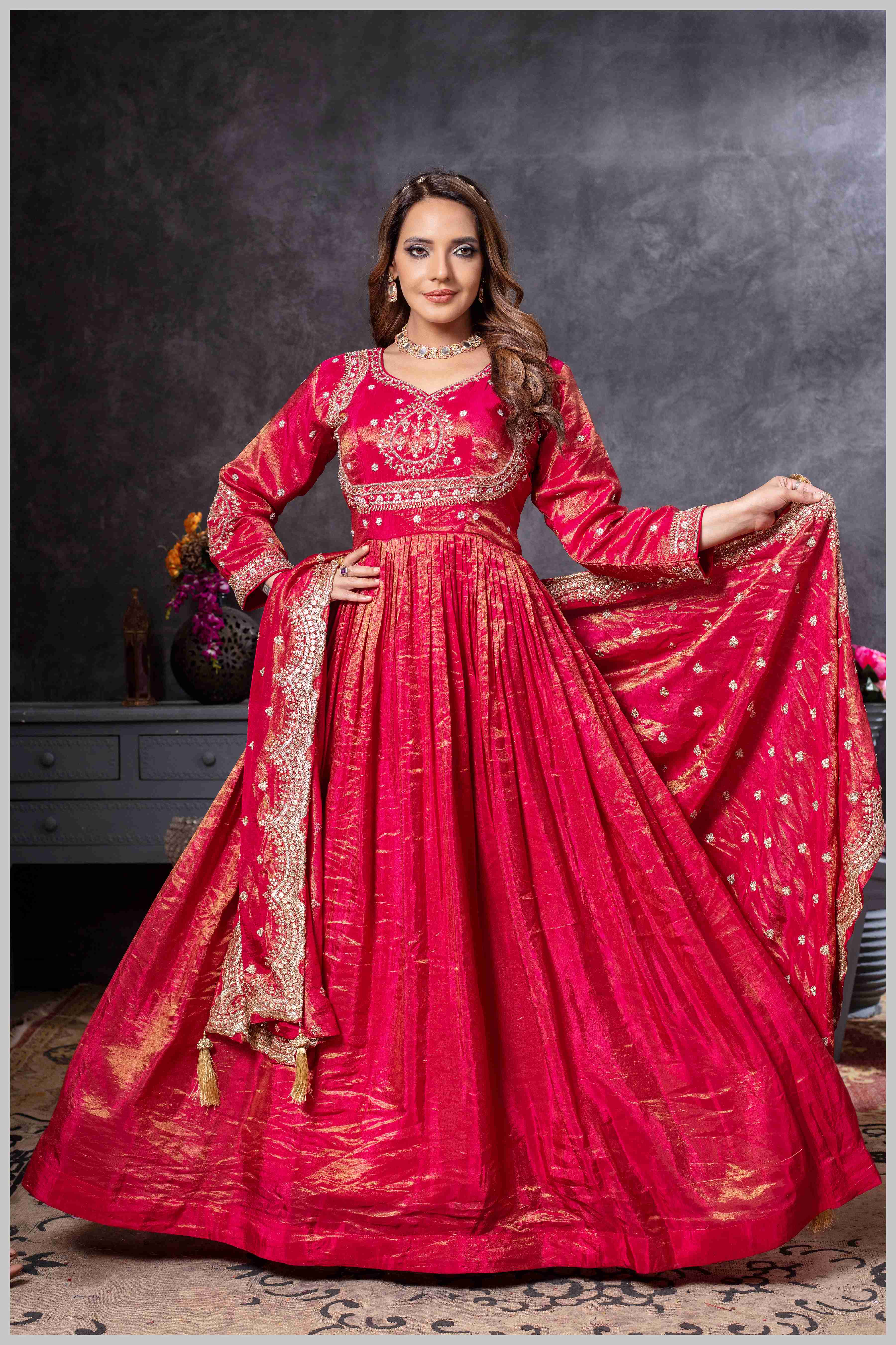 Deep Red Gown with Zari and Dupatta