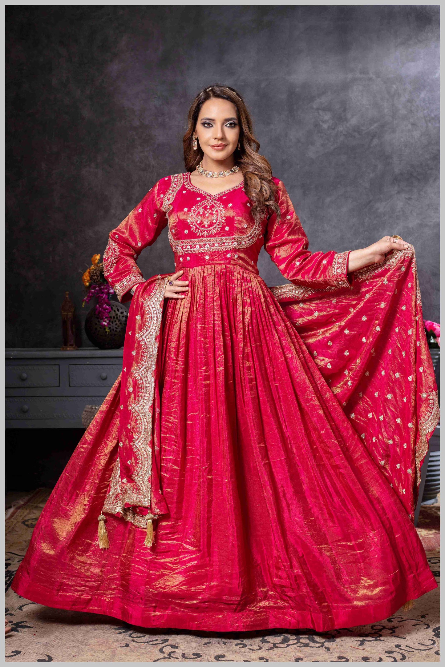 Deep Red Gown with Zari and Dupatta