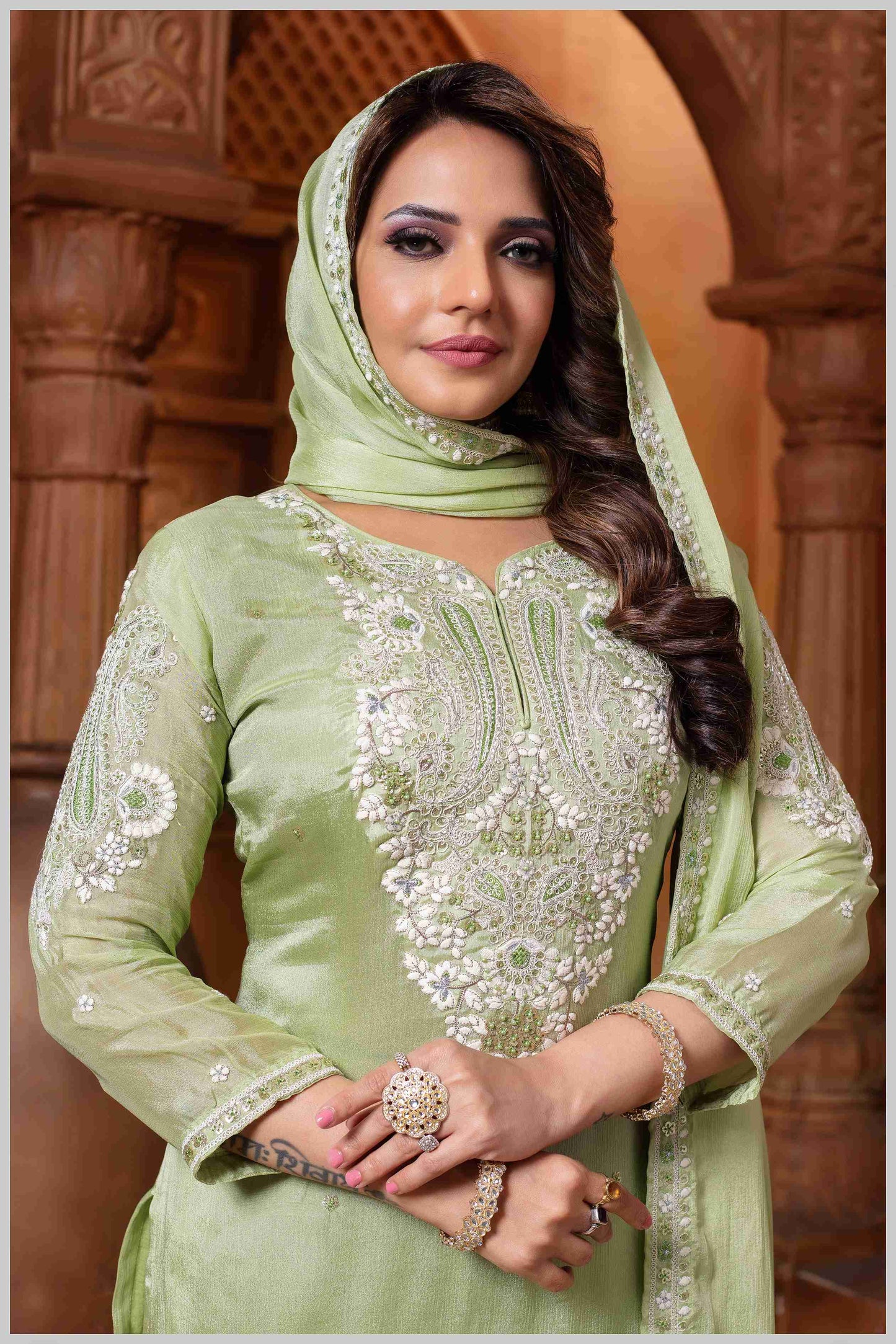 SeaGreen Plazo Set with Pearl & Sequin Embroidery