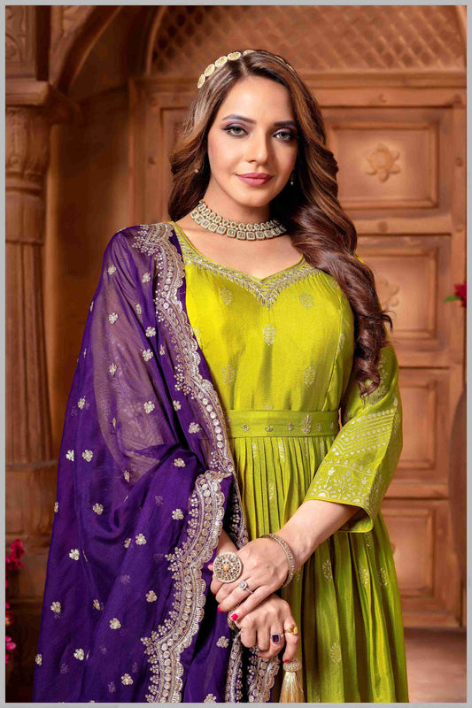 Lime Green Anarkali with Contrasting Purple Dupatta