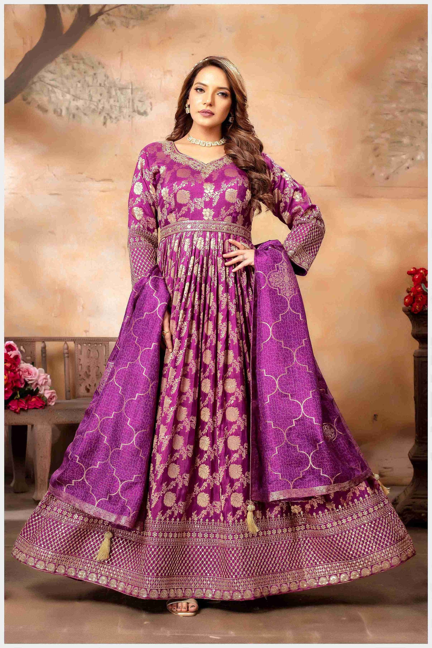 Magenta Banarasi-Style Anarkali with Elegant Dupatta