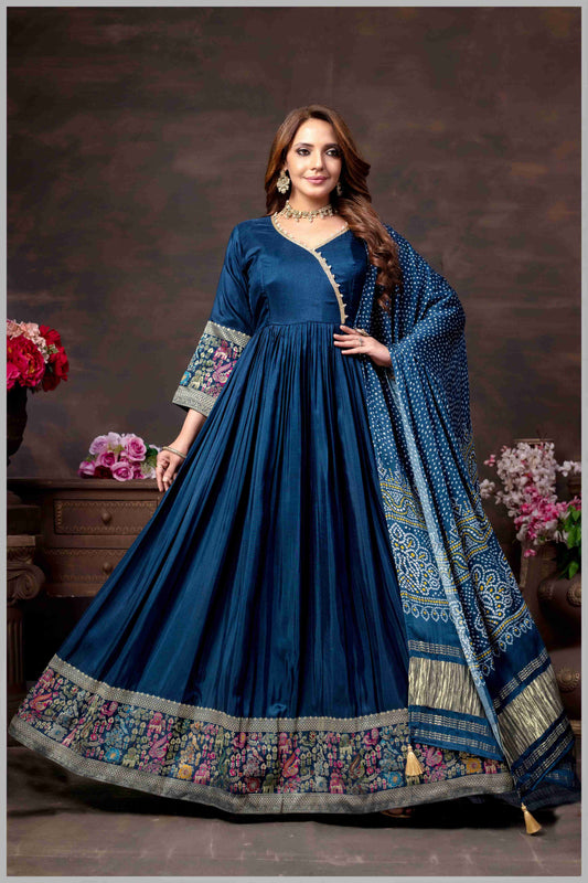 Royal Blue Anarkali Gown with Traditional Bandhej