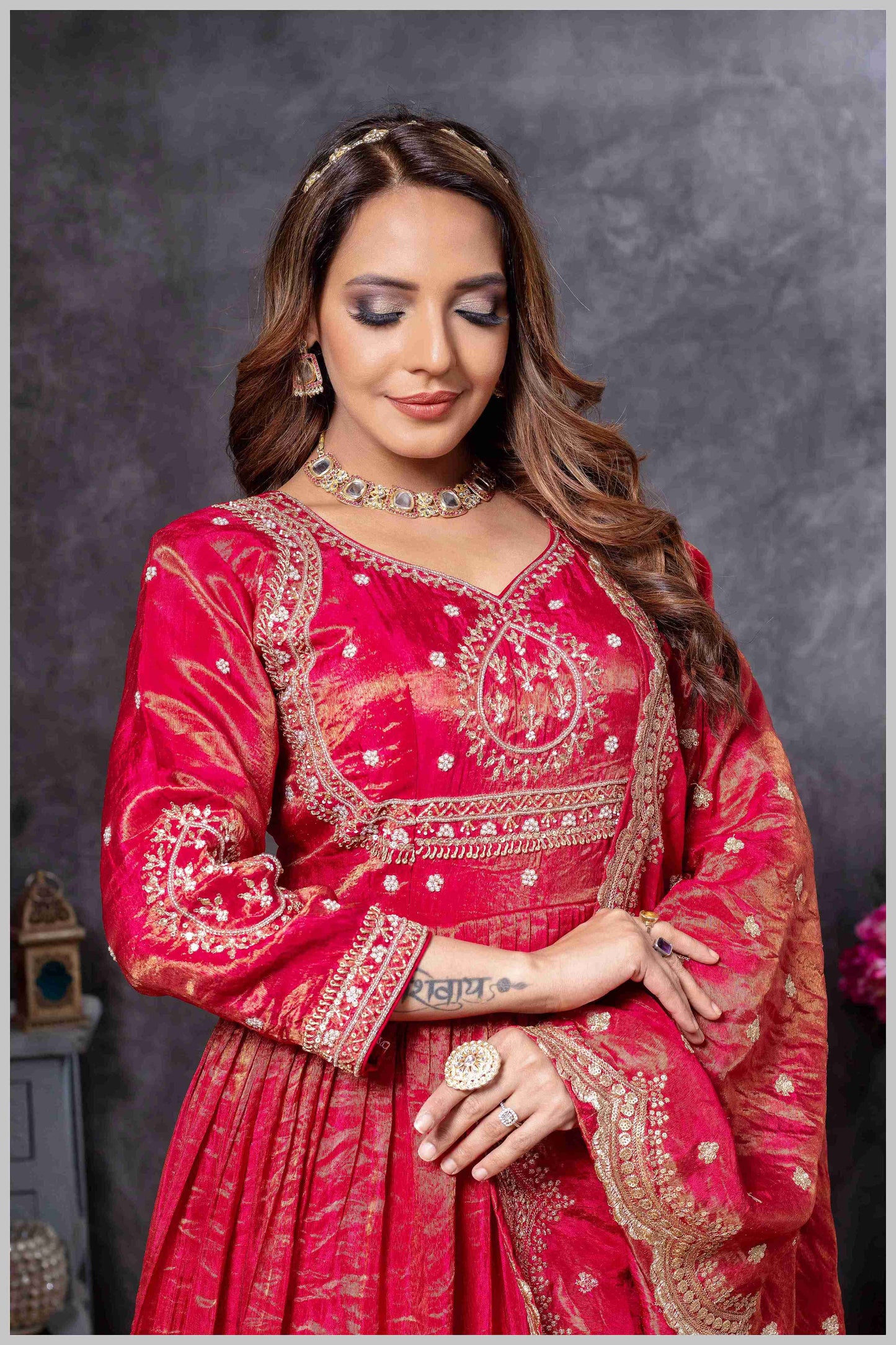 Deep Red Gown with Zari and Dupatta