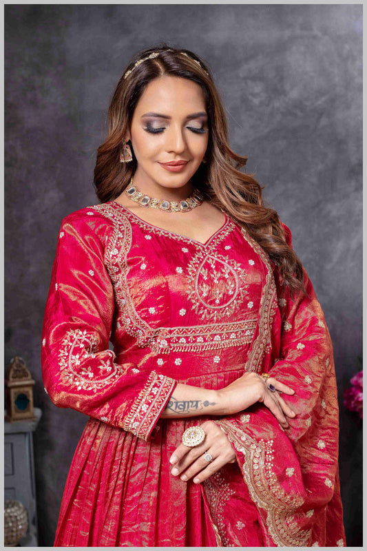 Deep Red Gown with Zari and Dupatta