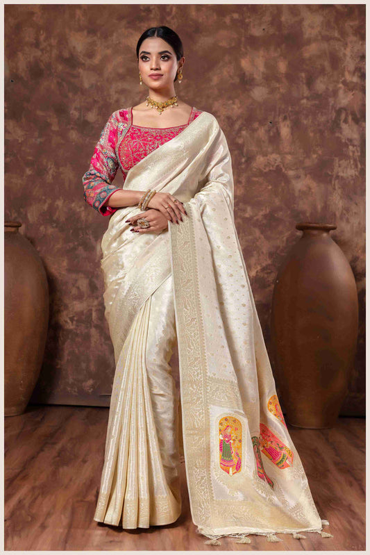 Off-White Banarasi Saree And Work Blouse with Traditional Pallu Art