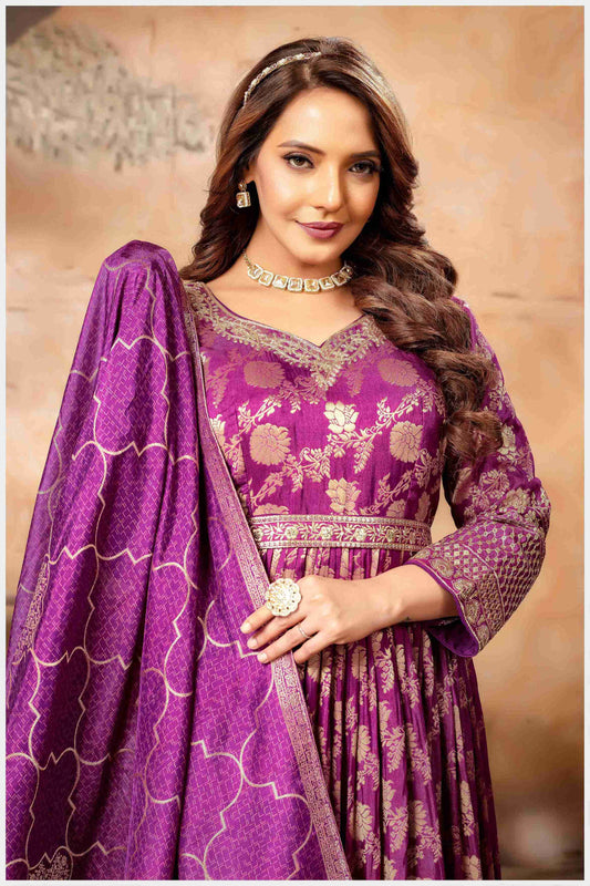 Magenta Banarasi-Style Anarkali with Elegant Dupatta