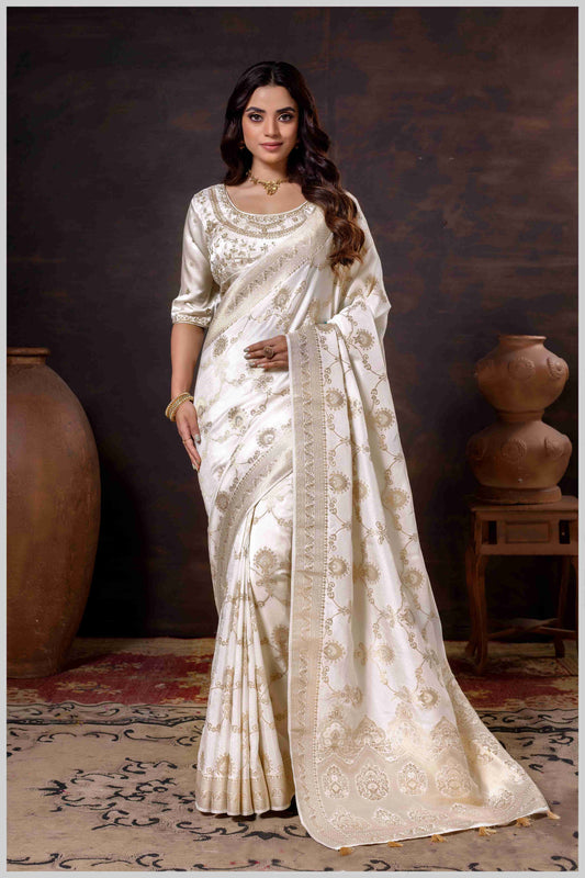 Graceful off-white Banarasi Silk Saree with Zari Accents & Embroidered Blouse