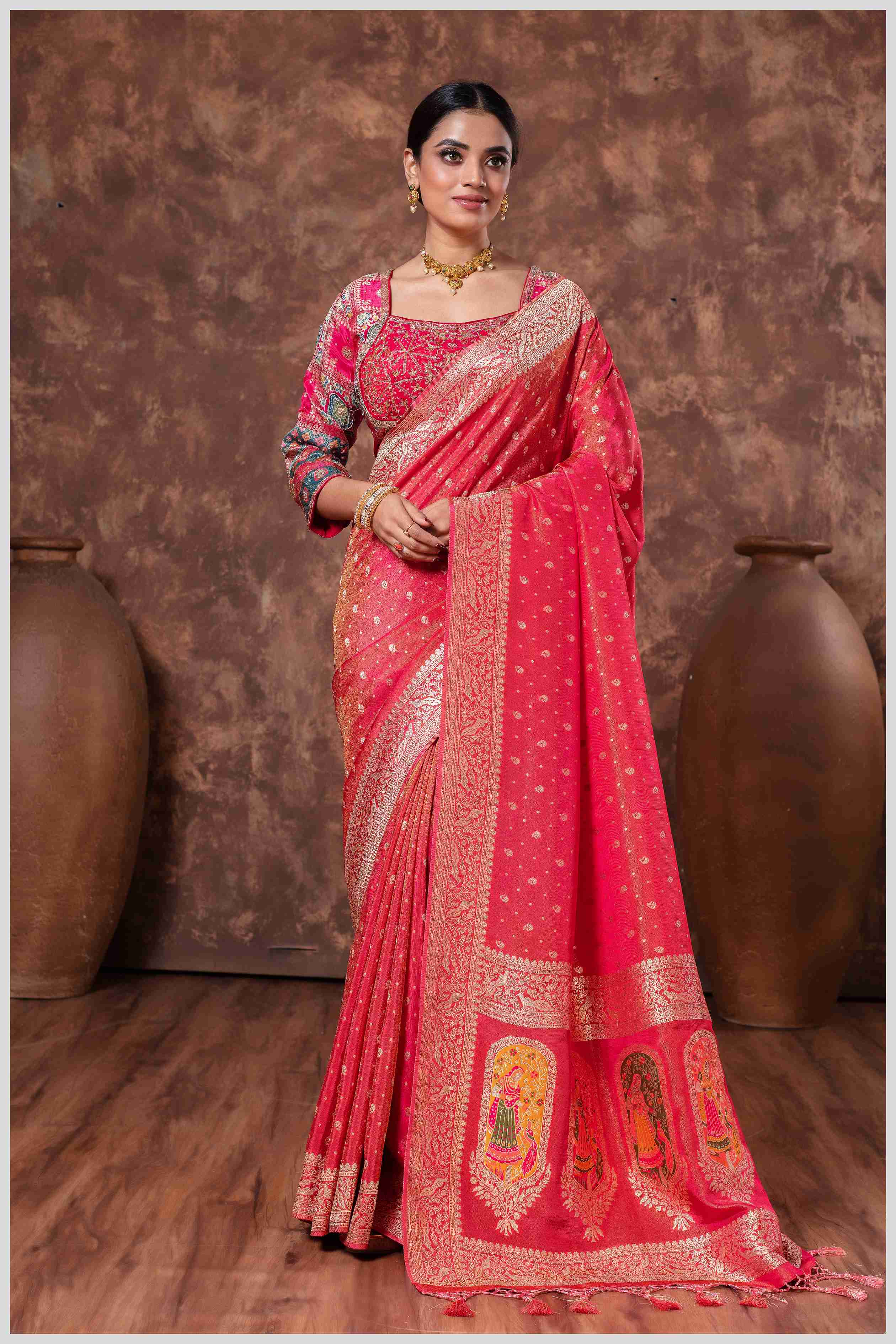 Peach Banarasi Saree And Work Blouse with Traditional Pallu Art