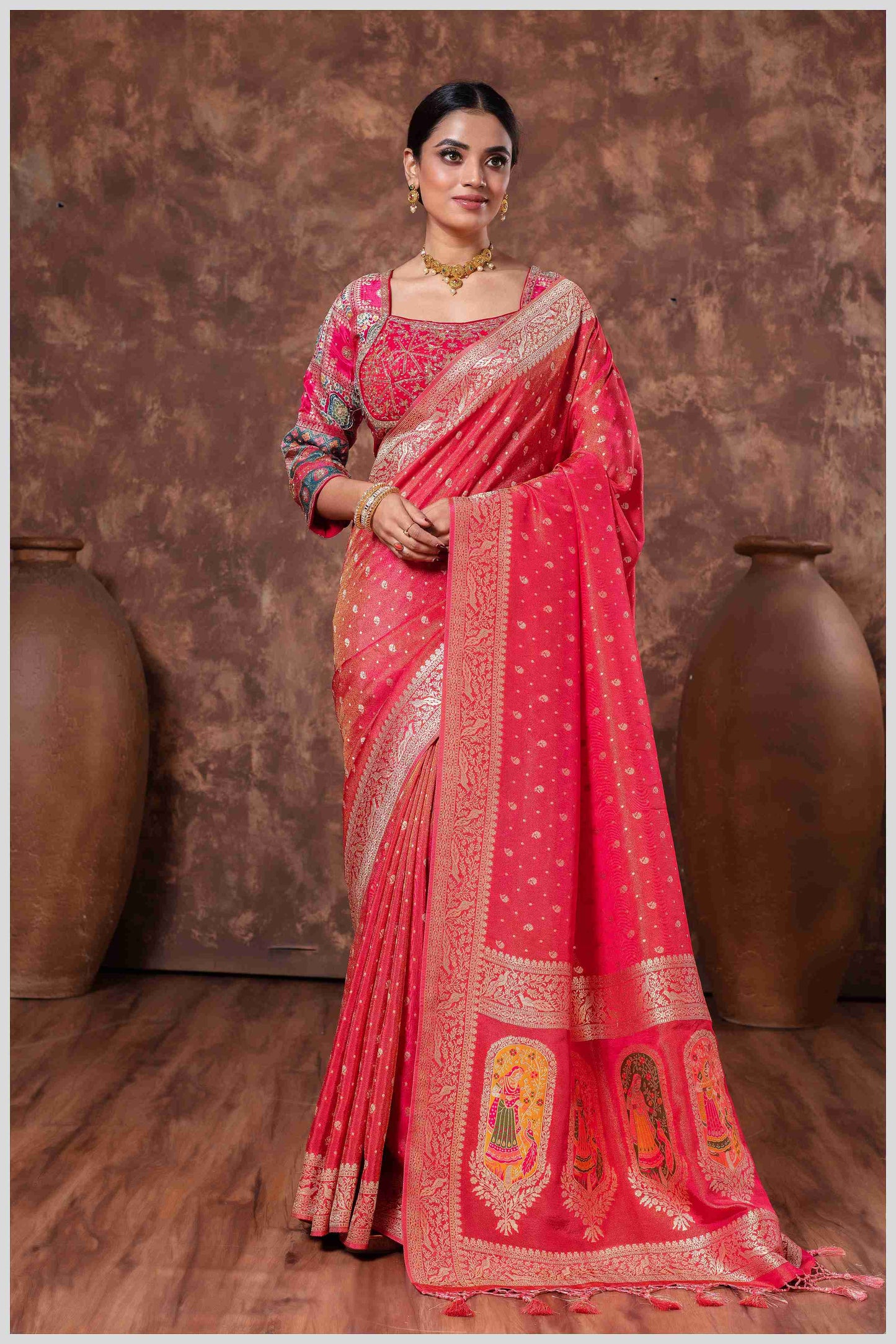 Peach Banarasi Saree And Work Blouse with Traditional Pallu Art