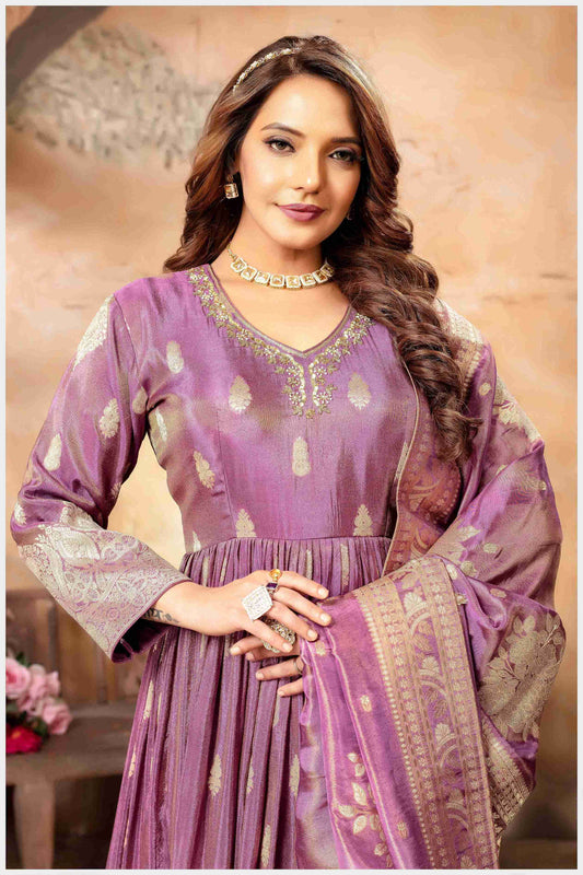 Mauve Silk Anarkali Gown with Zari Weaving