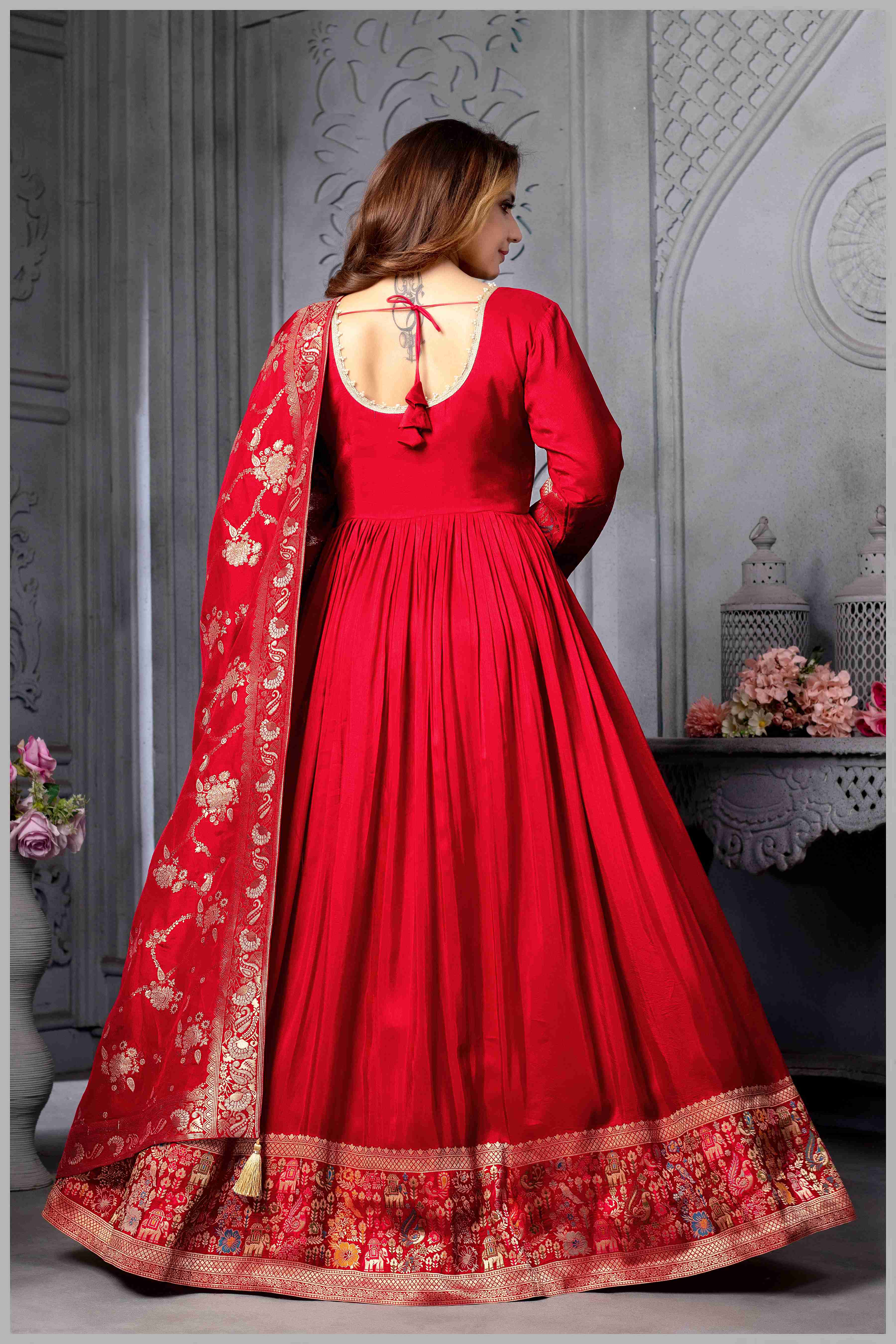 Red Anarkali Gown with Heavy Dupatta