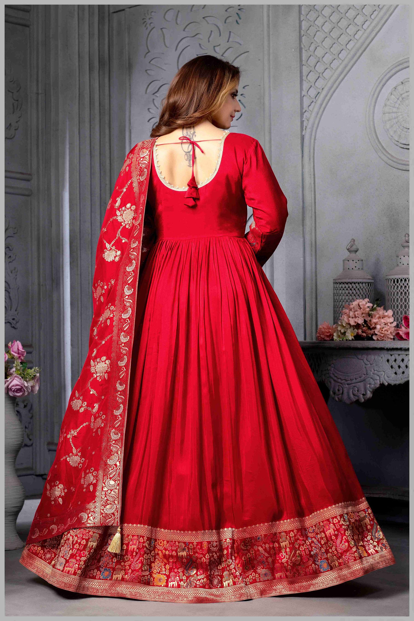 Red Anarkali Gown with Heavy Dupatta