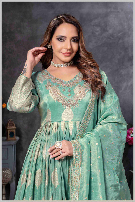 Dusty Blue Gown with Golden Zari Weaving & Embroidered Dupatta