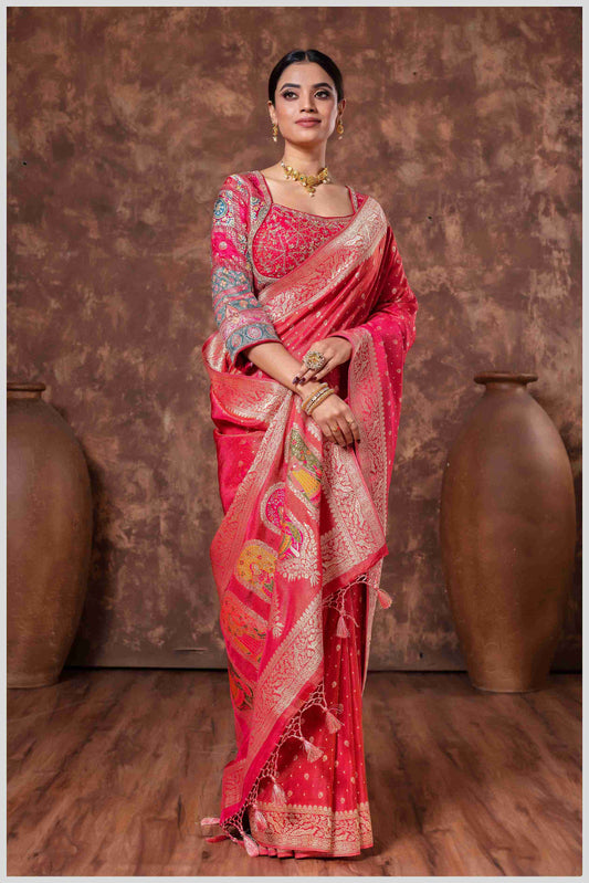 Peach Banarasi Saree And Work Blouse with Traditional Pallu Art