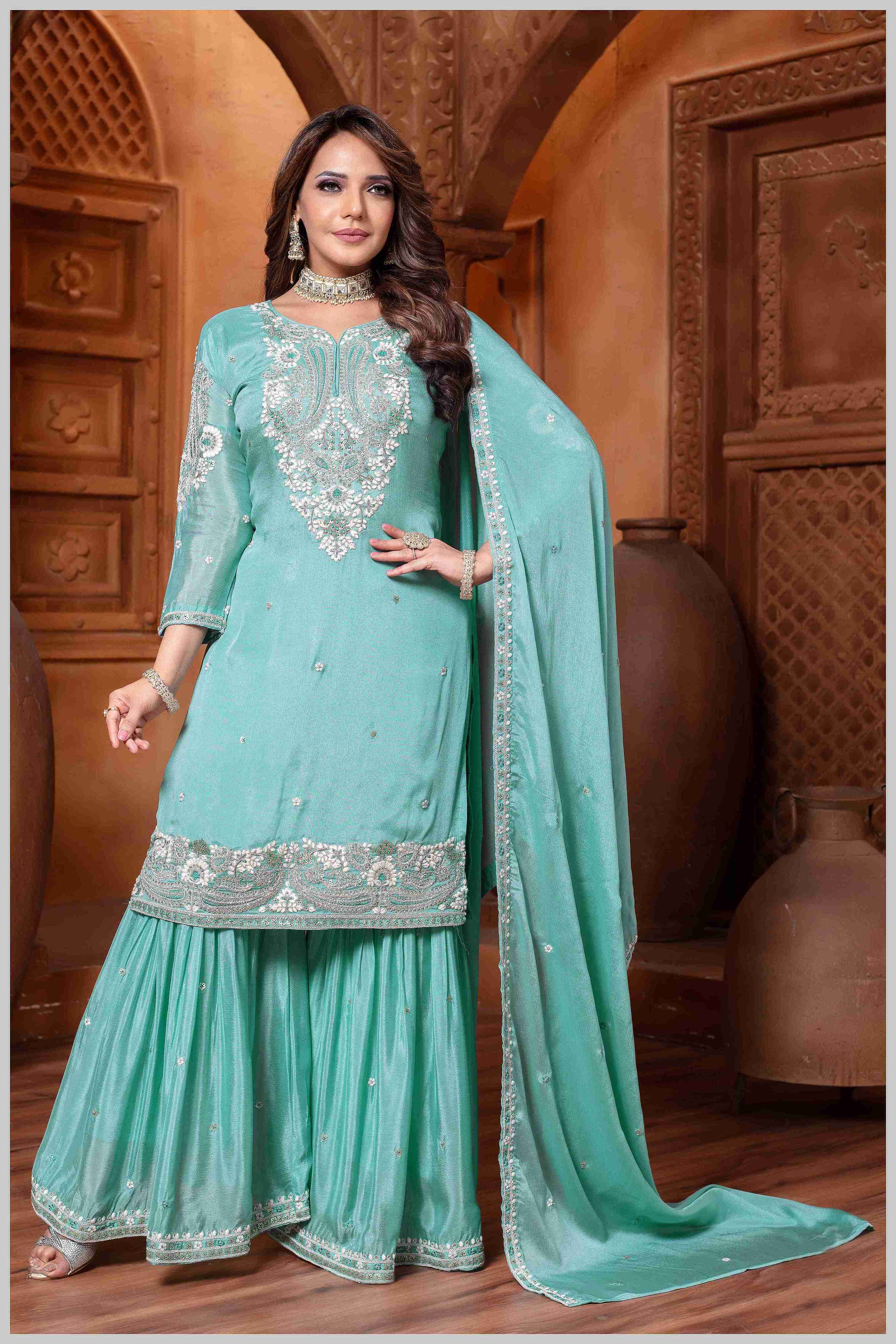 Dusty Blue Plazo Set with Pearl & Sequin Embroidery
