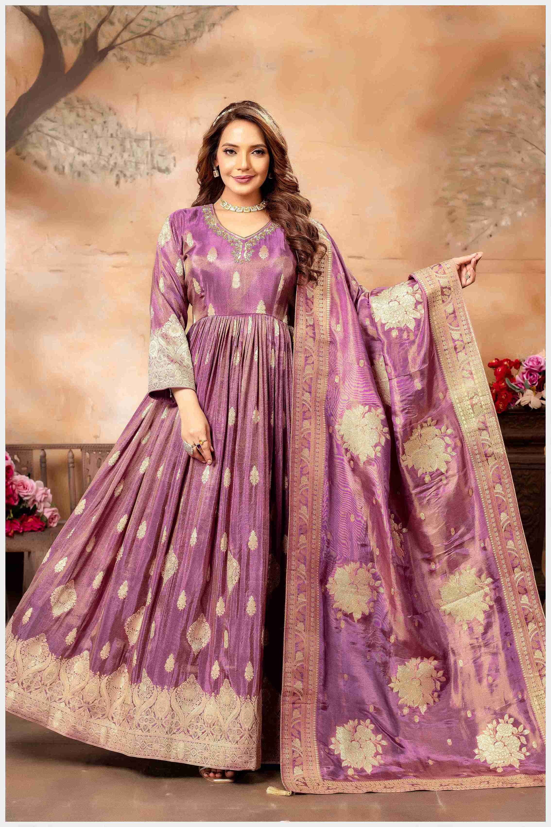 Mauve Silk Anarkali Gown with Zari Weaving