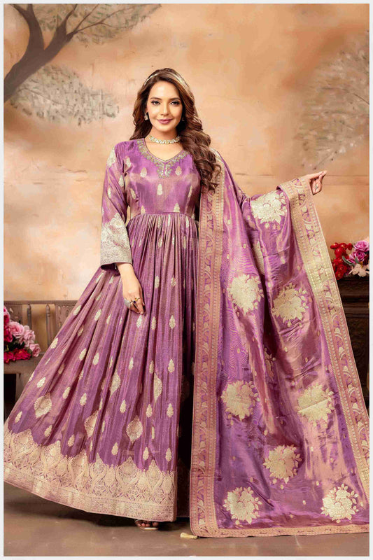 Mauve Silk Anarkali Gown with Zari Weaving