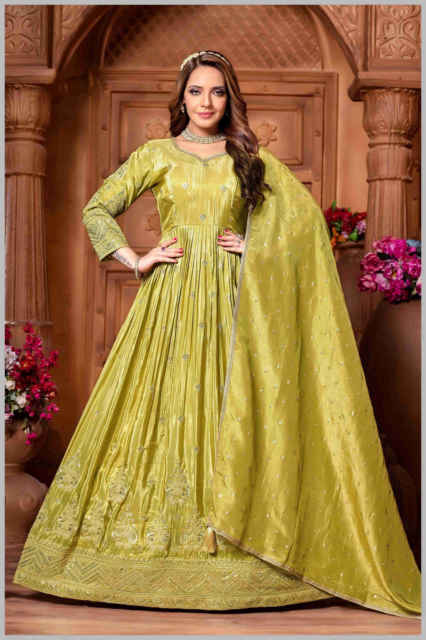 Elegant Lime Green Anarkali Suit with Embroidered Detailing
