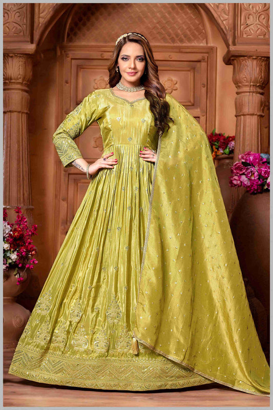 Elegant Lime Green Anarkali Suit with Embroidered Detailing