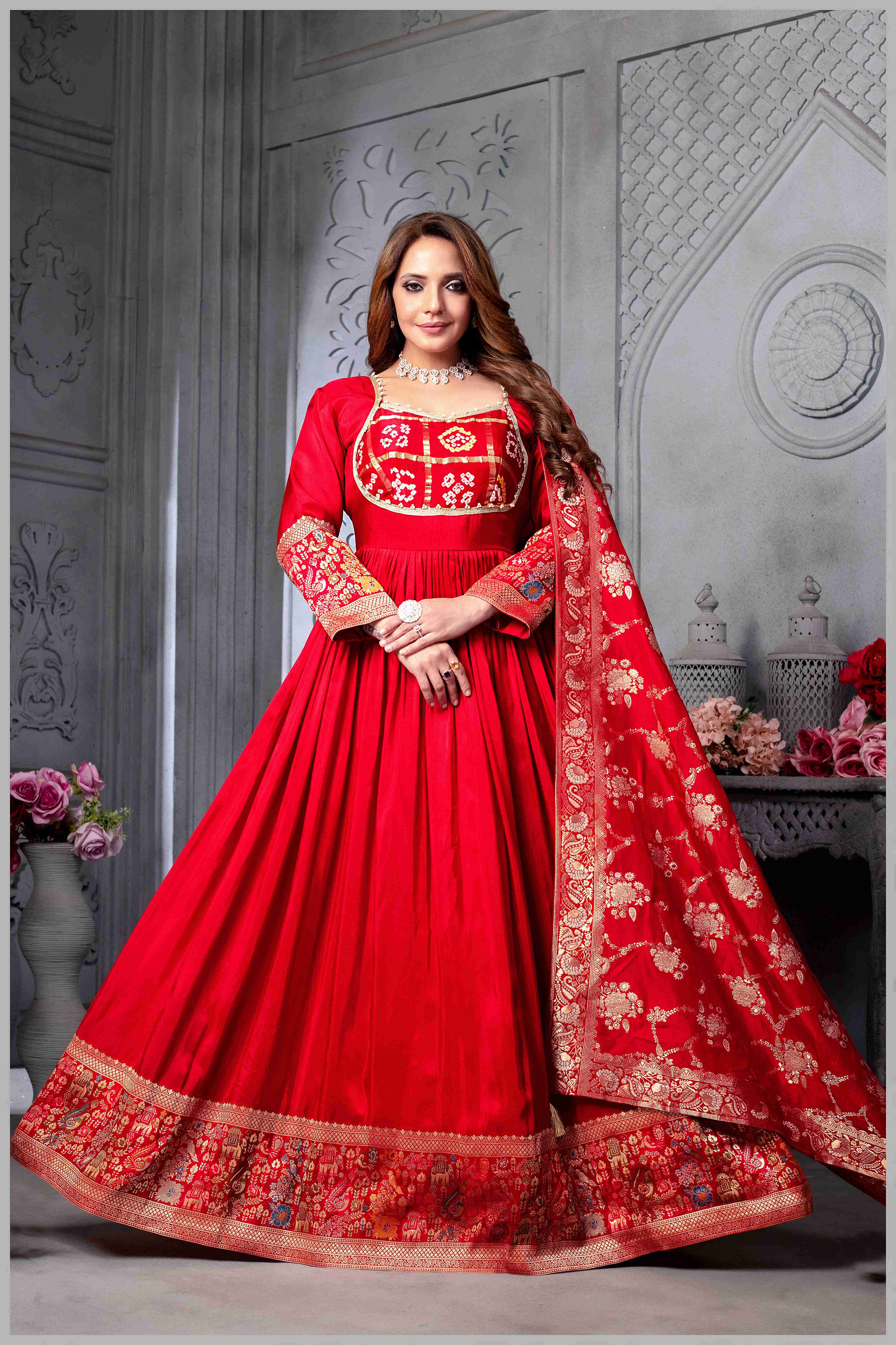 Red Anarkali Gown with Heavy Dupatta