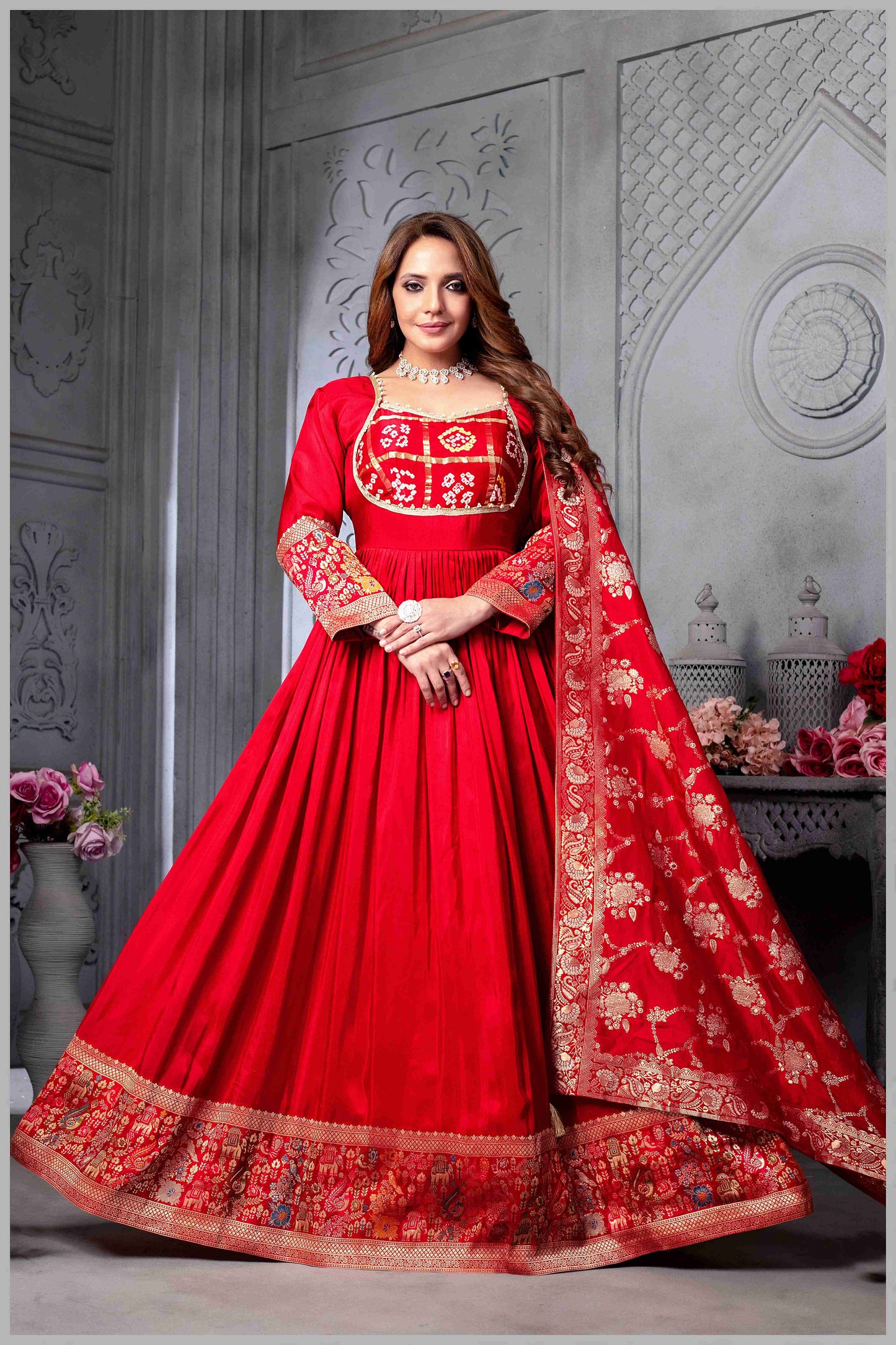 Red Anarkali Gown with Heavy Dupatta