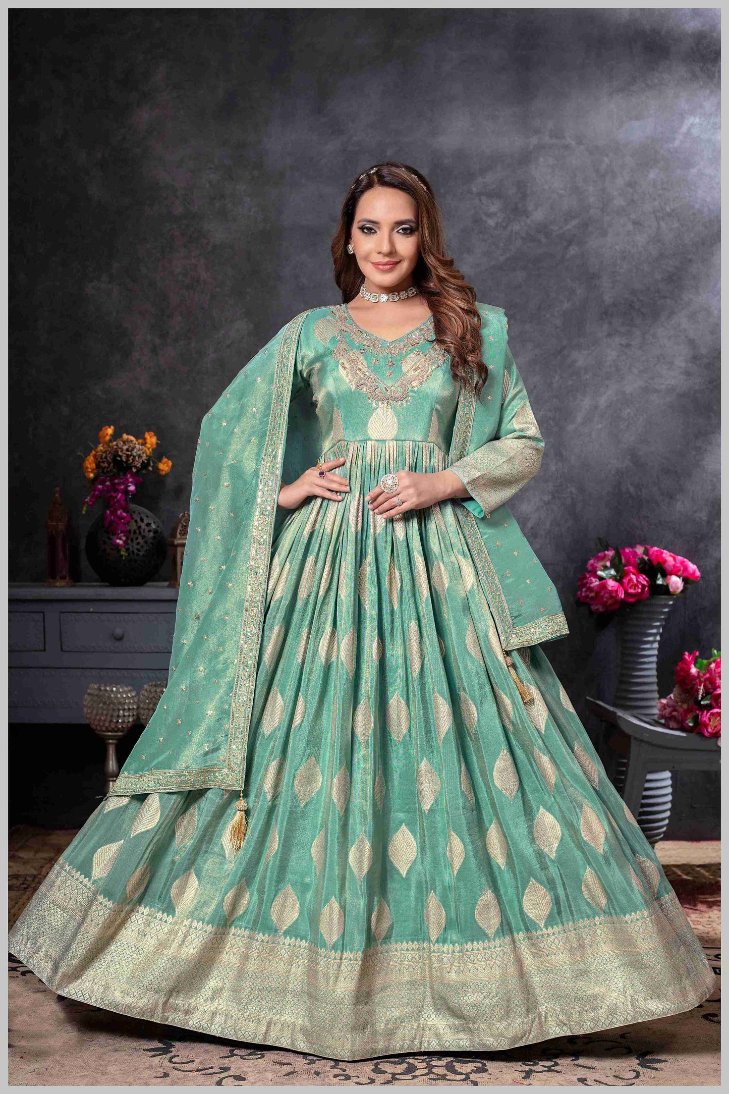 Dusty Blue Gown with Golden Zari Weaving & Embroidered Dupatta