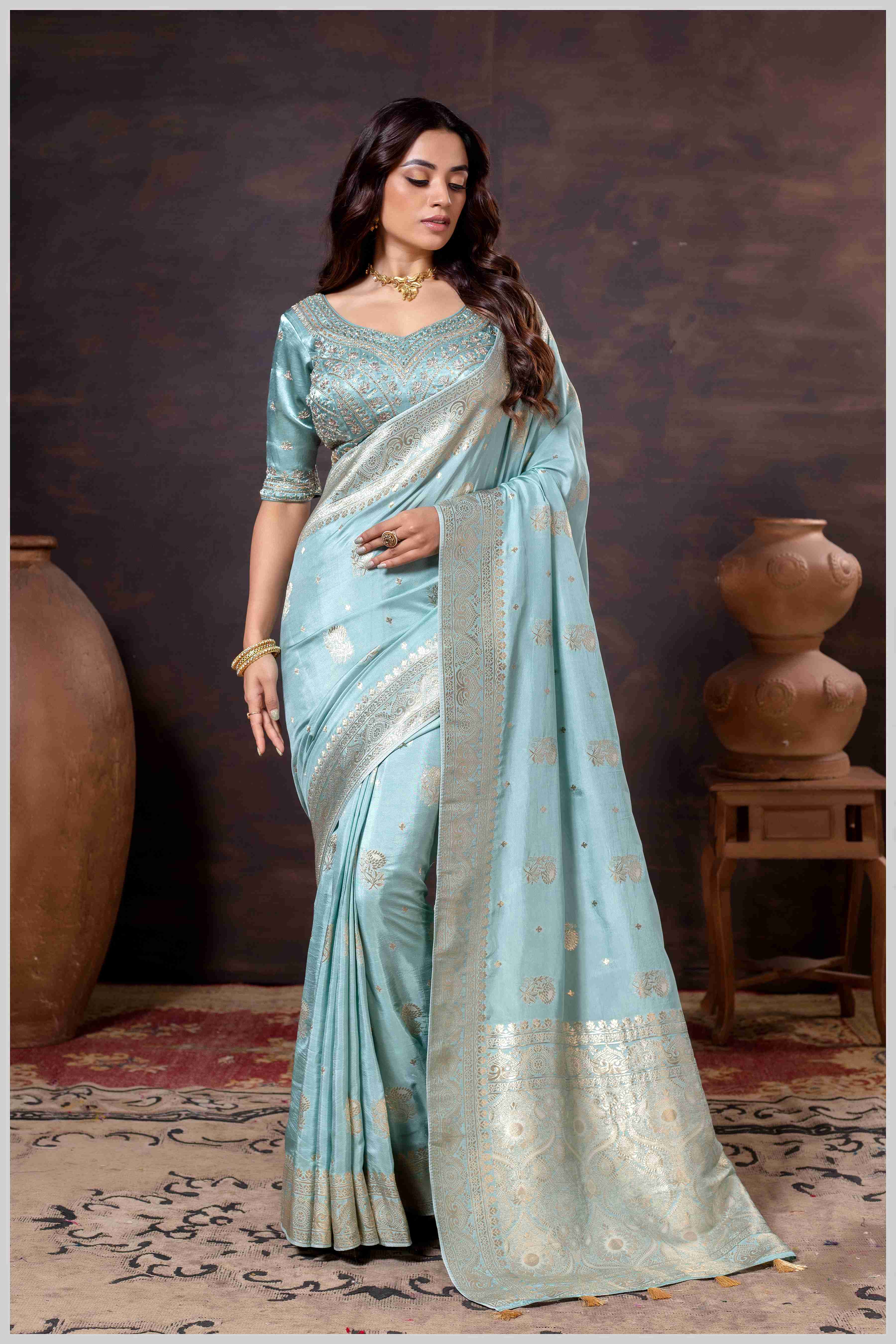 Majestic Turquoise Blue Crepe Silk With Zari Woven Saree.