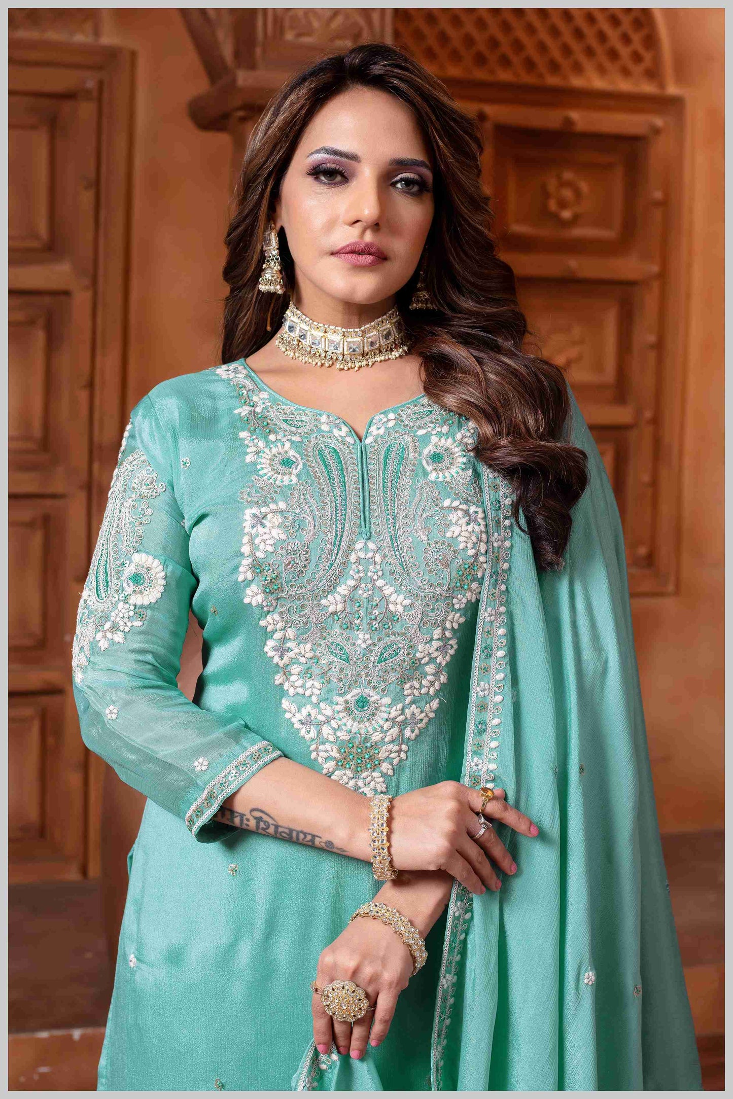 Dusty Blue Plazo Set with Pearl & Sequin Embroidery