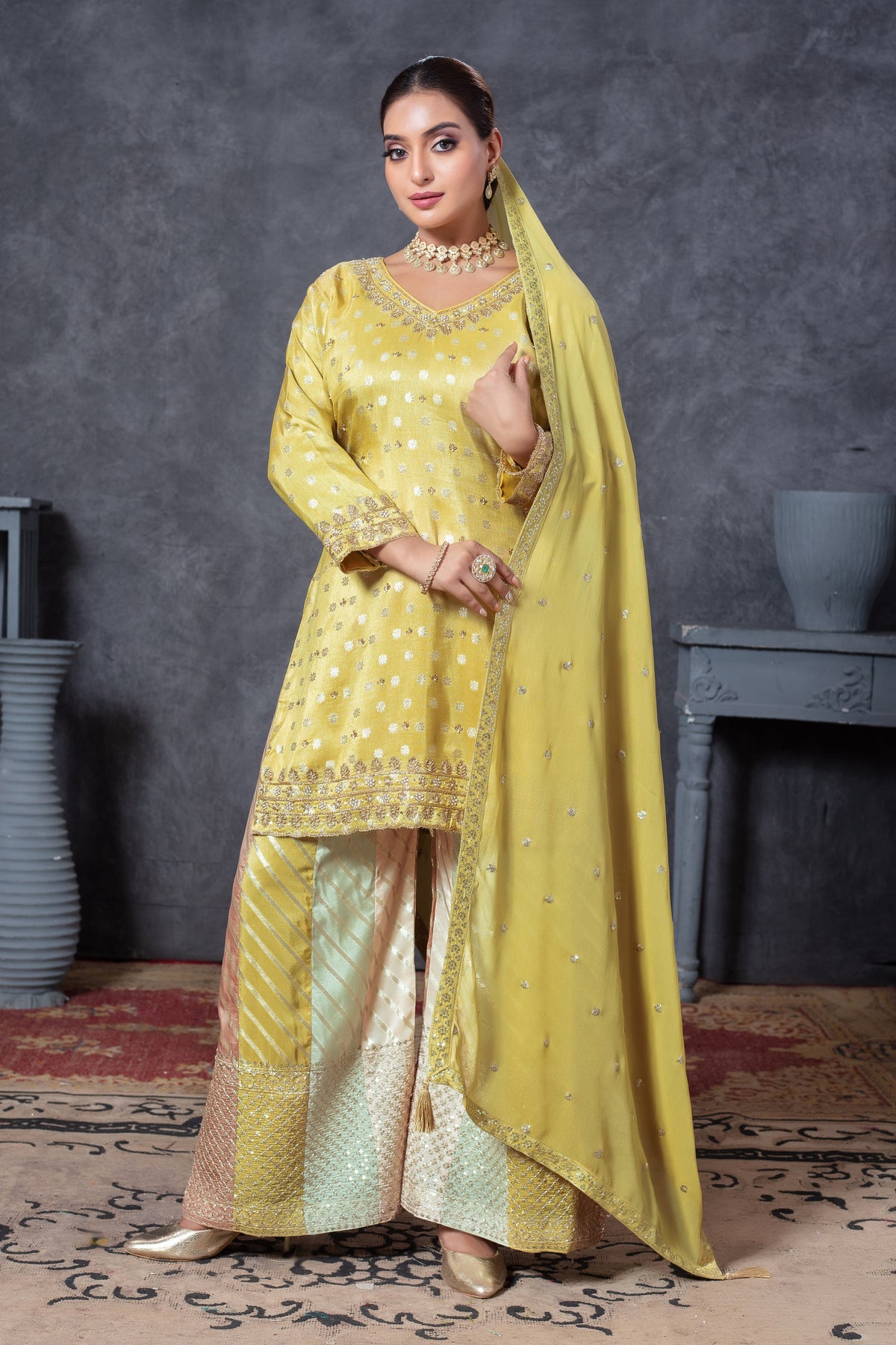 Embroidered Kurta Palazzo Set with Dupatta