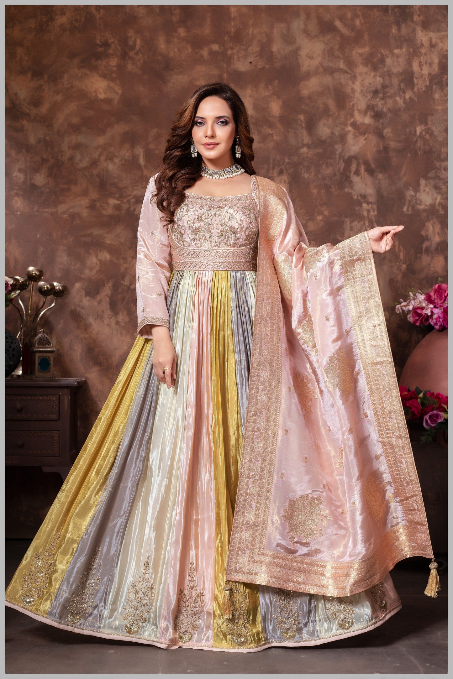 Pastel Multicolor Anarkali with Blush Pink Dupatta