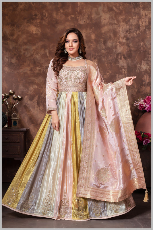 Pastel Multicolor Anarkali with Blush Pink Dupatta