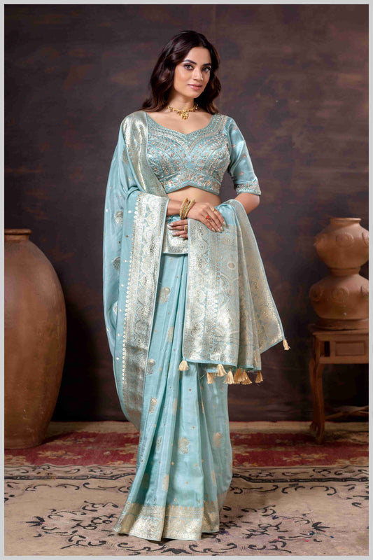 Majestic Turquoise Blue Crepe Silk With Zari Woven Saree.