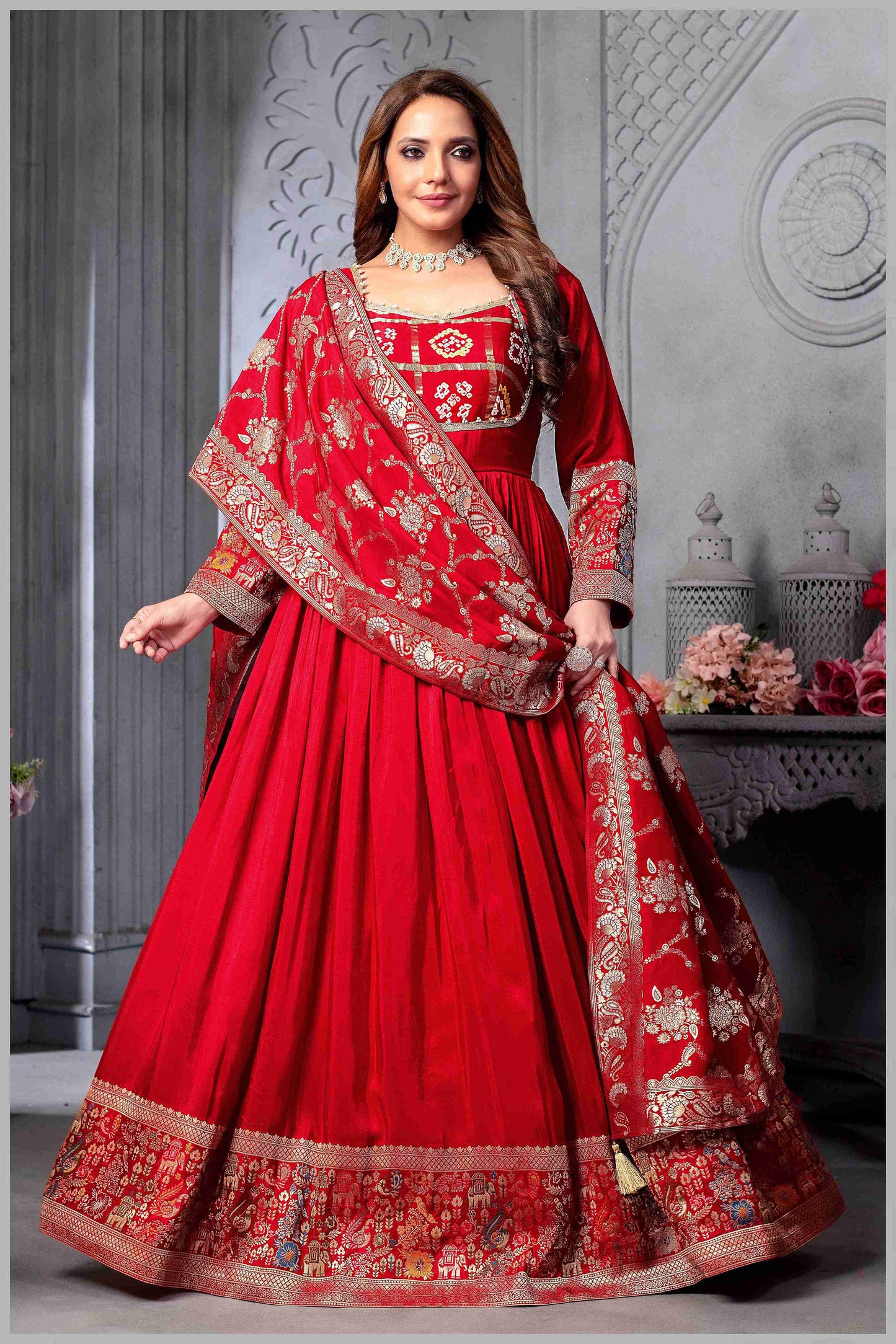 Red Anarkali Gown with Heavy Dupatta