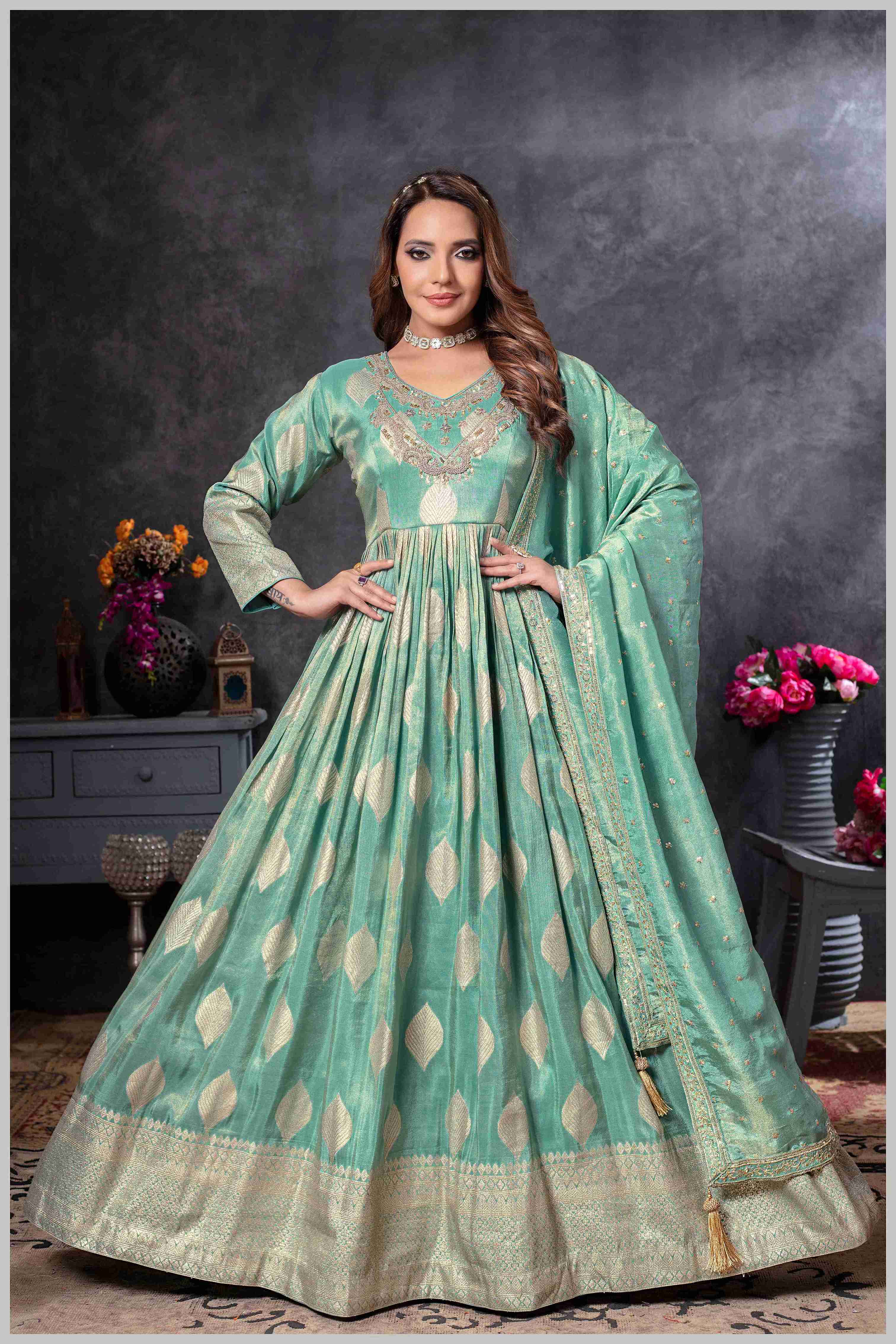 Dusty Blue Gown with Golden Zari Weaving & Embroidered Dupatta