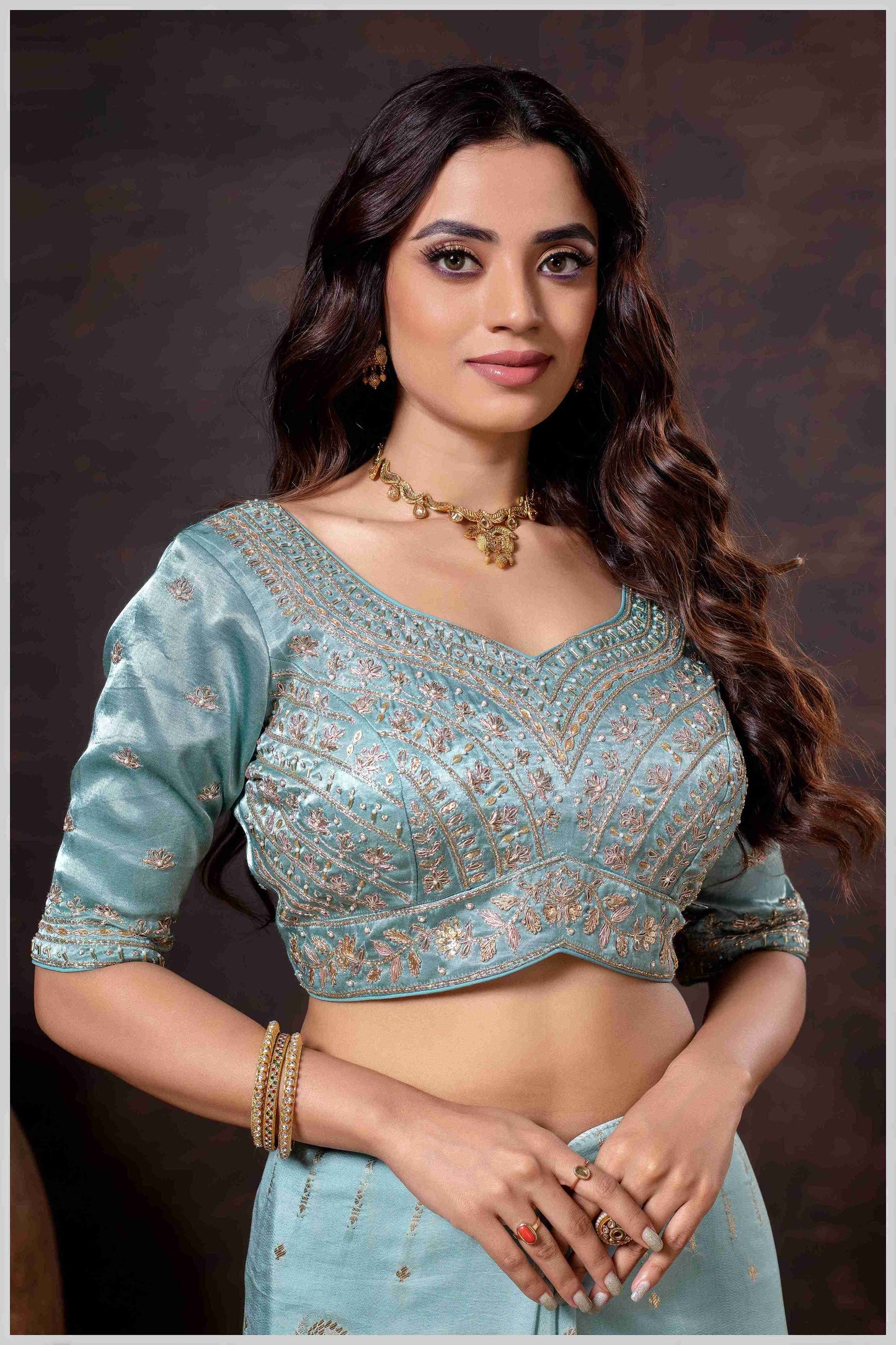 Majestic Turquoise Blue Crepe Silk With Zari Woven Saree.