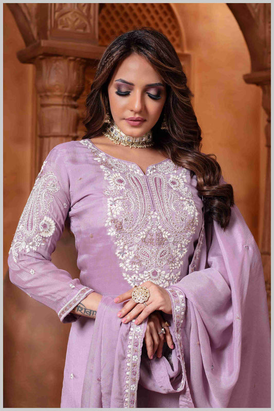 Mauve Plazo Set with Pearl & Sequin Embroidery