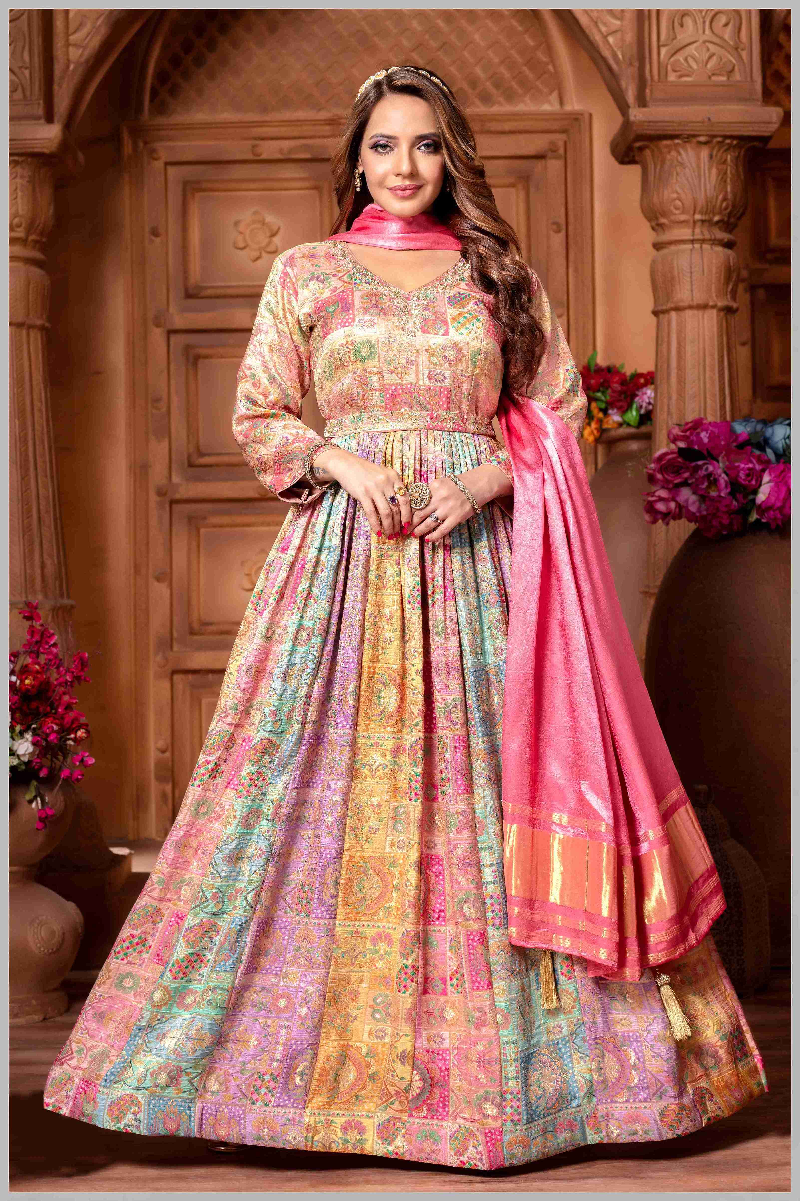 Multicolor Banarasi Anarkali Gown with babypink Dupatta