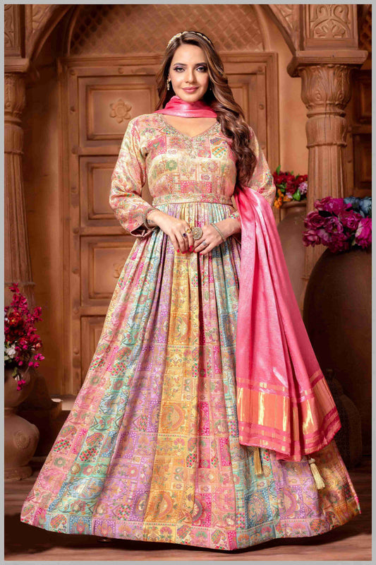 Multicolor Banarasi Anarkali Gown with babypink Dupatta