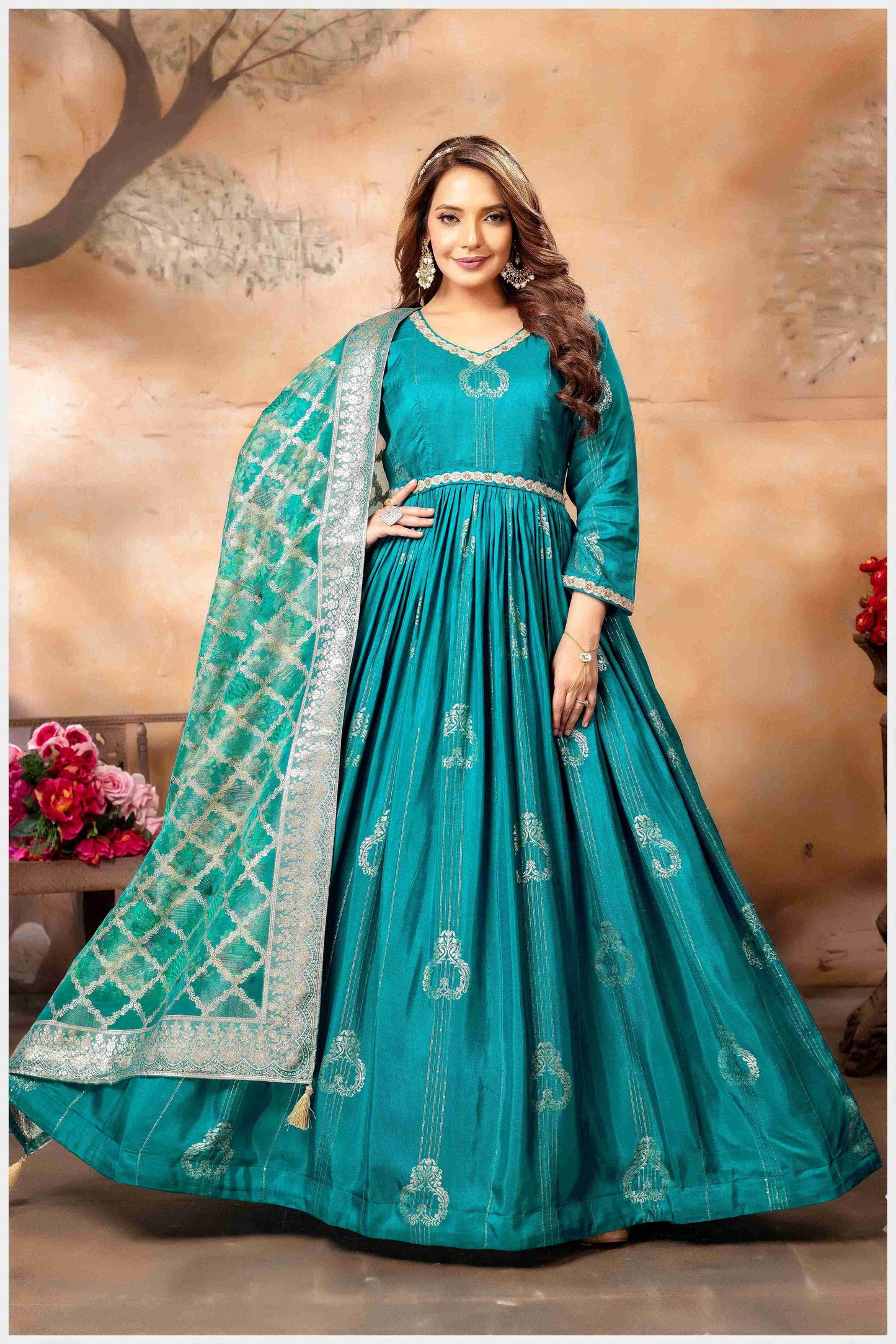 Turquoise Blue Anarkali with Gold Weave Dupatta