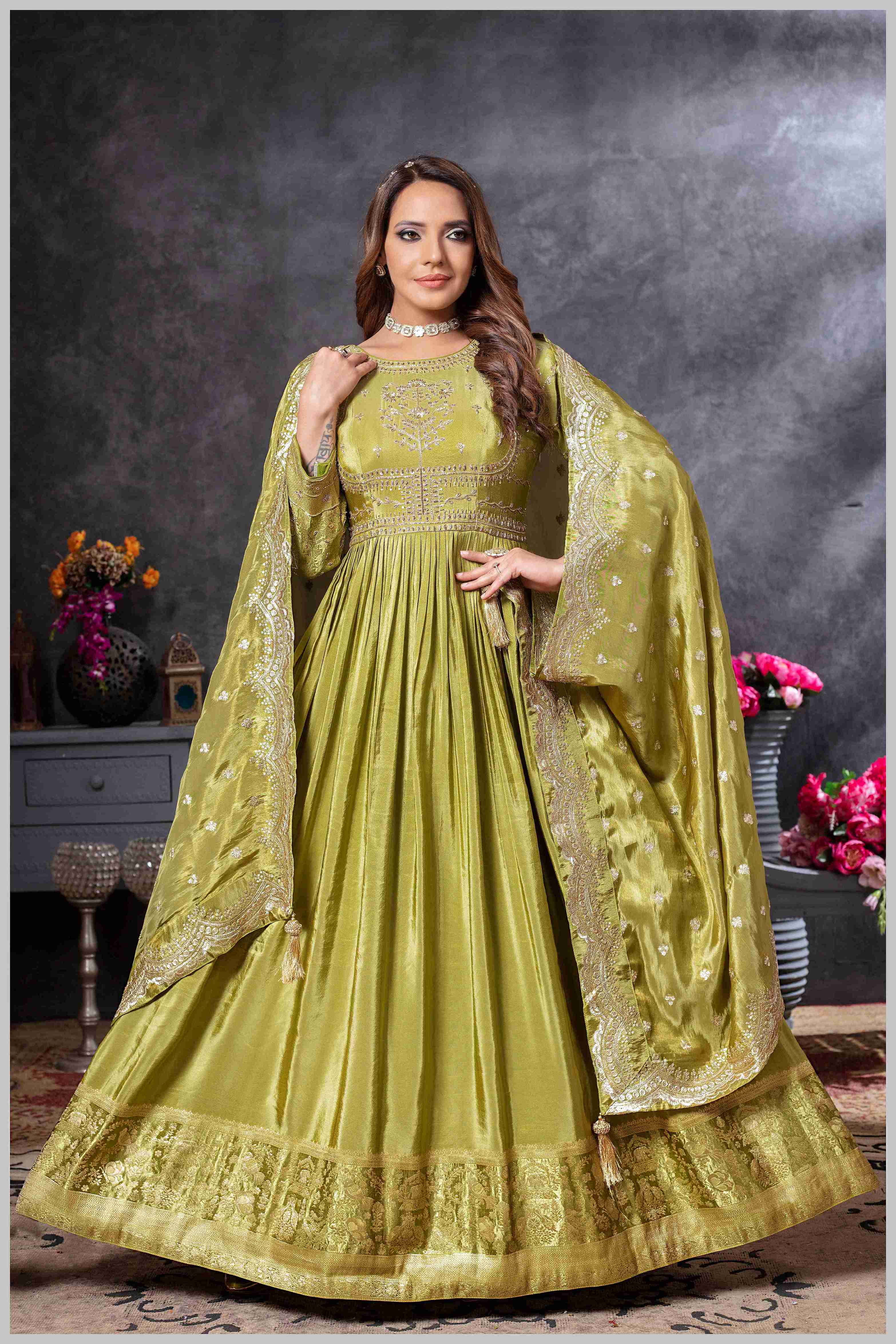 Mehendi Anarkali Gown with Zari Embroidered Dupatta
