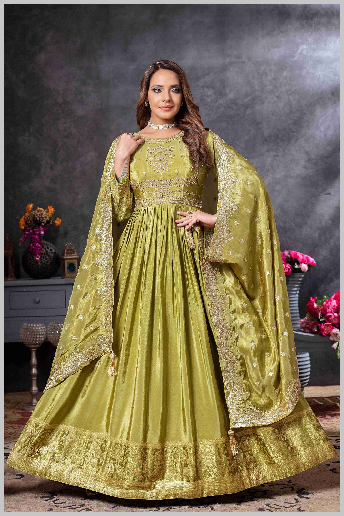 Mehendi Anarkali Gown with Zari Embroidered Dupatta