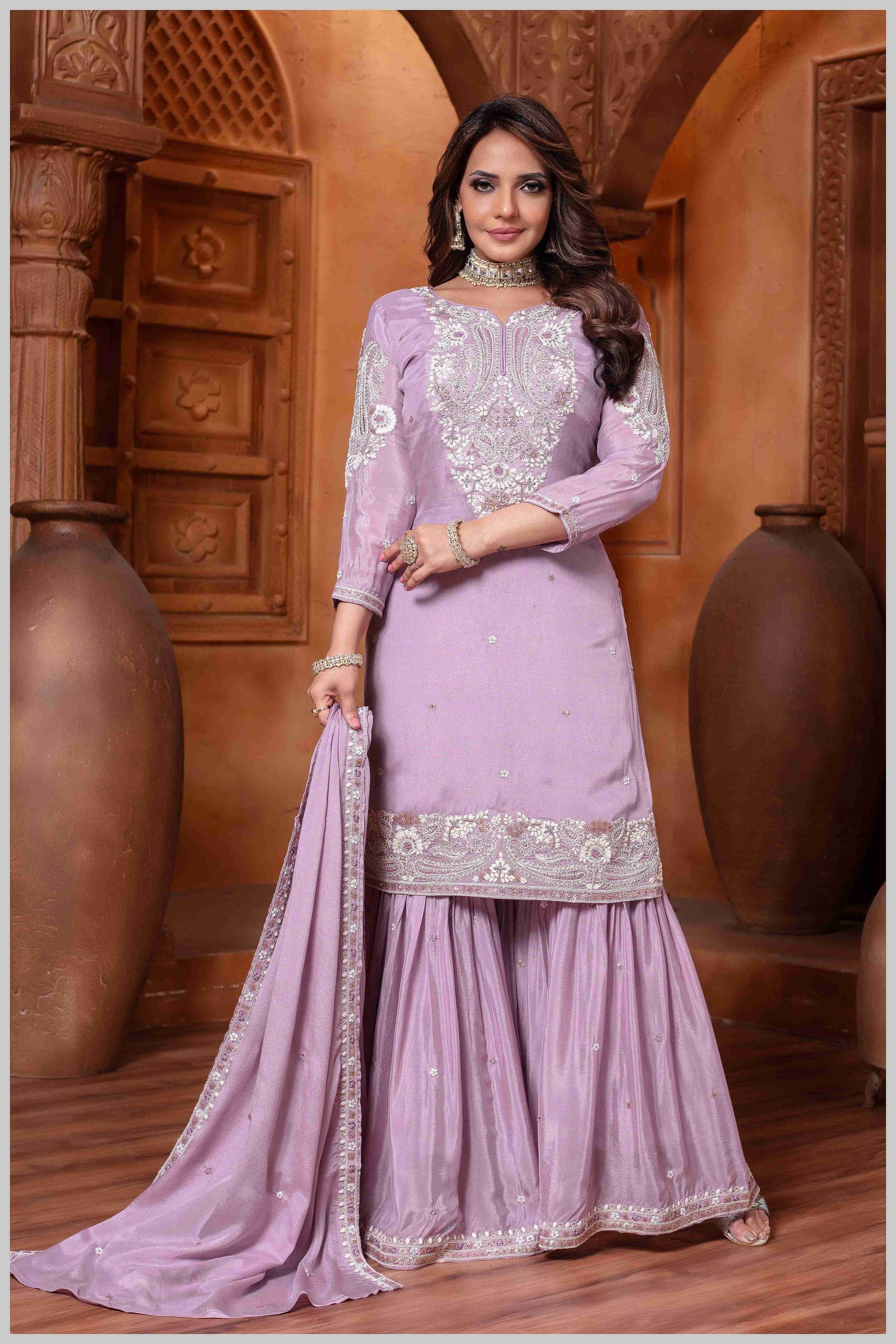 Mauve Plazo Set with Pearl & Sequin Embroidery