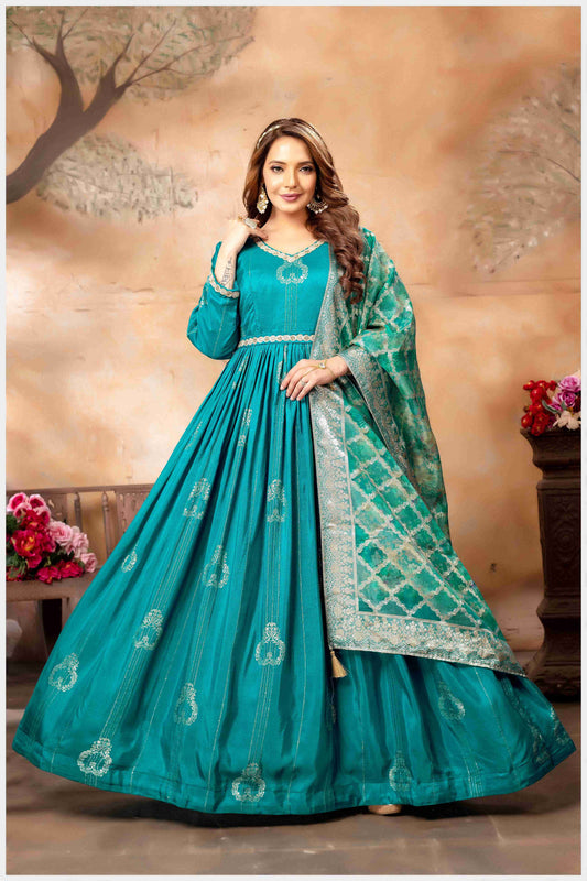Turquoise Blue Anarkali with Gold Weave Dupatta