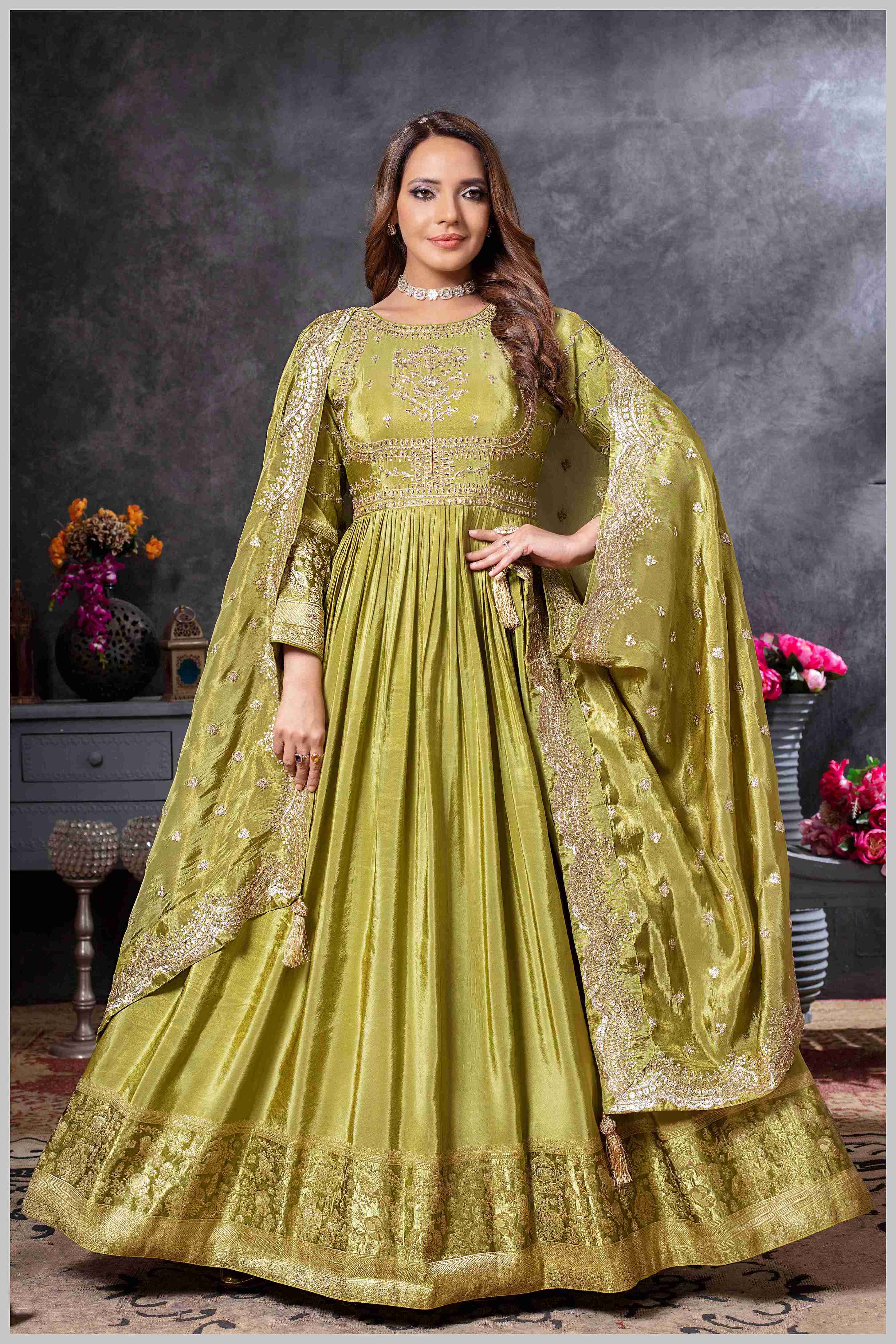 Mehendi Anarkali Gown with Zari Embroidered Dupatta