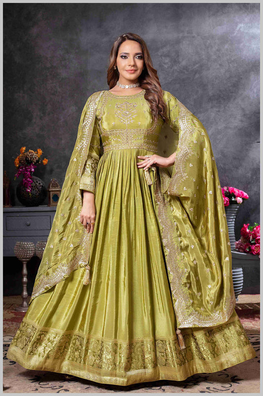Mehendi Anarkali Gown with Zari Embroidered Dupatta