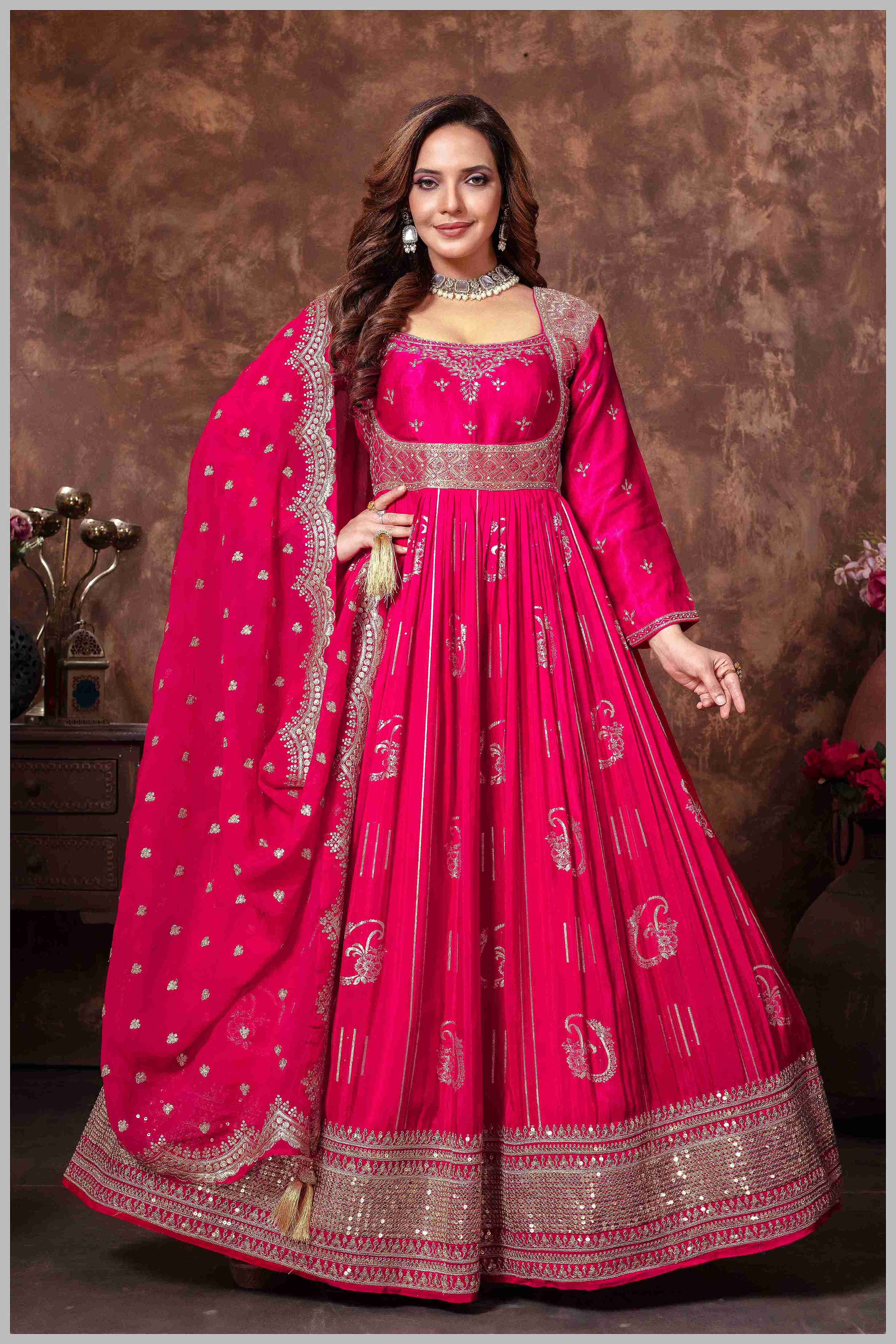 Rani Pink Banarasi Silk Anarkali Gown with Sequin Embroidery Dupatta